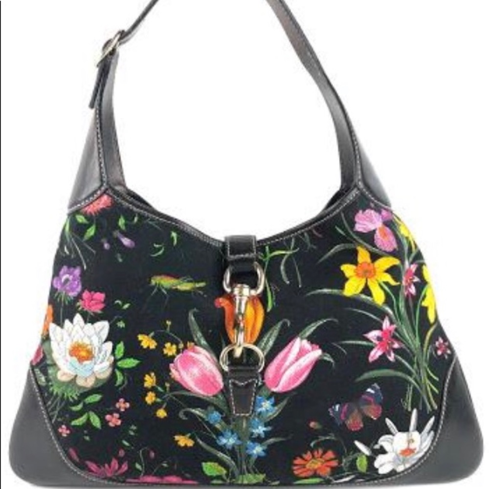 Gucci floral canvas leather trim Jackie Small Hobo